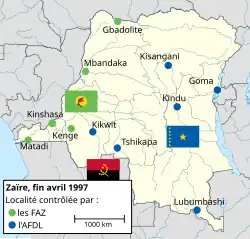 Carte de la République démocratique du Congo. L'AFDL contrôle Kisangani, Goma et Kindu à l'est et Lubumbashi, Tshikapa et Kikwit au sud. Les FAZ contrôlent Gbadolite et Mbandanka au nord et Kenge, Kinshasa et Matadi à l'ouest.
