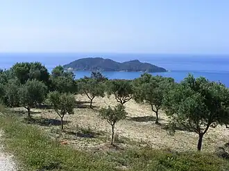 Sur le chemin de la plage de Dafni, vue sur l'îlot de Pelouzo