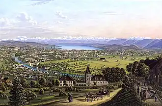 Vue générale de Zurich prise de la Waid autour de 1884.