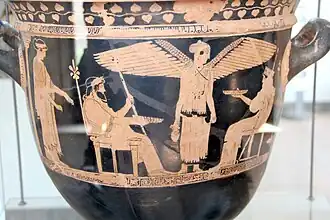 Nikè entre Zeus et Héra. Vers -350.