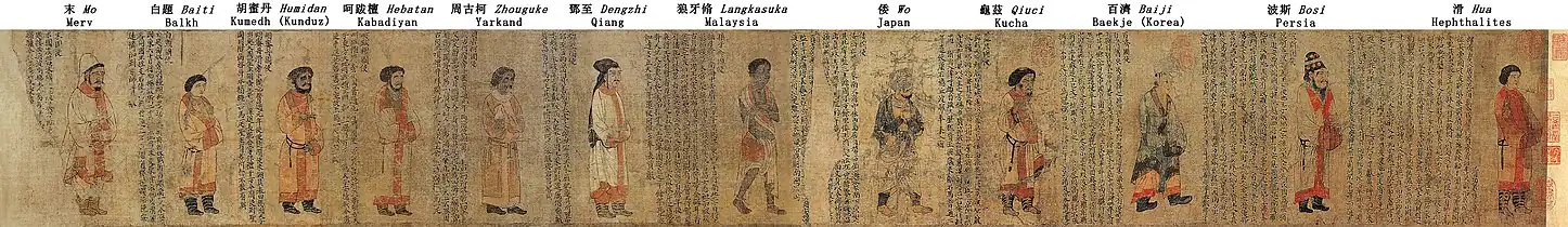 Portraits des offrandes périodiques des Liang avec description de chaque ambassadeur, peinture du VIe&nbsp;siècle.