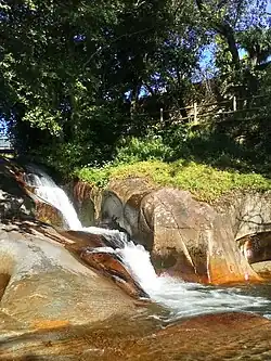 Photographie d'un torrent descendant en cascades entre de gros rochers. Les rives sont boisés.