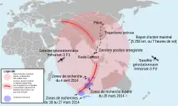 Carte décrivant les deux arcs de recherche de l'avion