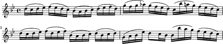 \new Score {
\new Staff {
<<
\new Voice = "one" \relative c' {
\clef treble
\key bes \major
\time 4/4
d'16 (c d ees) f (ees d c) bes (a bes c) d (ees f d) g (f g aes) g (f ees d) c (bes' a g) f (ees d c) d (c d ees) f (d ees f) bes, (a bes c) d (bes c d) g, (a bes ees) d8 c16 bes bes (bes' a g) f (ees d c)
}
>>
}
}