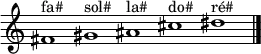
{
\new Staff \with { \remove "Time_signature_engraver" }
\clef treble
\time 5/1

fis'1^"fa#" gis'^"sol#" ais'^"la#" cis''^"do#" dis''^"ré#"

\bar "|."
}
