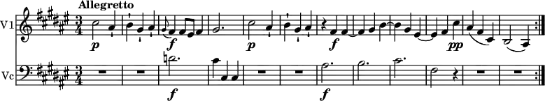 
\version "2.18.2"
 <<
 \new Staff \with { instrumentName = #"V1"}
 \relative c'' {
    \key fis \major 
    \tempo " Allegretto"
    \time 3/4
    \tempo 4 = 120
    
     cis2 \p ais4-! b-! gis-! ais-!
     \grace gis8 (fis4)\f fis8 eis fis4 gis2.
     cis2 \p ais4-! b-! gis-! ais-!
     r fis  \f fis ~ fis gis b ~ b 
     gis eis ~ eis fis cis' \pp
     ais (fis cis)
     b2 (ais4) \bar ":|."
     
 } 
 \new Staff \with { instrumentName = #"Vc"}
 \relative c {
    \key fis \major 
    \clef "bass"
   R1*3/4 R1*3/4 d'2.\f cis4 cis, cis
   R1*3/4 R1*3/4 ais'2. \f b 
   cis fis,2  r4 
   R1*3/4 R1*3/4  \bar ":|."   
 }
 >>
