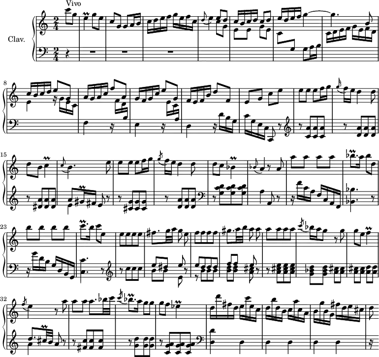 
\version "2.18.2"
\header {
  tagline = ##f
  % composer = "Domenico Scarlatti"
  % opus = "K. 242"
  % meter = "Vivo"
}

%% les petites notes
trillE      = { \tag #'print { e4\prall } \tag #'midi { f32 e f e~ e8 } }
trillC      = { \tag #'print { c4\prall } \tag #'midi { d32 c d c~ c8 } }
trillBes    = { \tag #'print { bes4\prall } \tag #'midi { c32 bes c bes~ bes8 } }
trillBesqp  = { \tag #'print { bes8.\prall } \tag #'midi { c32 bes c bes~ bes16 } }
trillGisqq  = { \tag #'print { gis16\prall } \tag #'midi { \times 2/3 { gis32 a gis } } }
trillCqp    = { \tag #'print { c8.\prall } \tag #'midi { d32 c d c~ c16 } }
trillF      = { \tag #'print { f4\prall } \tag #'midi { g32 f g f~ f8 } }
trillEes    = { \tag #'print { ees4\prall } \tag #'midi { f32 ees f ees~ ees8 } }


upper = \relative c'' {
  \clef treble 
  \key c \major
  \time 2/4
  \tempo 4 = 92

      s8*0^\markup{Vivo}
      \partial 4
      c'8 g | \trillE g8 e | c g g a16 b | c d e f g e f c | \appoggiatura d8 e4 \stemUp e8 d | c16 b c d c8 d |
      % ms. 6
      e16 d e f \stemNeutral g4~ | g4. \stemUp b,8 | c16 b c d e8 g, | a16 g a c f8 a, | g16 f g c e8 g, \stemNeutral |
      % ms. 11
      f16 e f b d8 f, | e g c e | e e e f16 g | \appoggiatura g16 f16 e d4 d8 | d b \trillC | \appoggiatura c8 b4. e8 |
      % ms. 17
      e8 e e f16 g | \acciaccatura g8 f16 e d4 d8 | d c \trillBes \appoggiatura bes8 a4 r8 a8 | a' a a a  | \trillBesqp a16 bes8 d, |
      % ms. 23
      b'8 b b b | \trillCqp b16 c8 e, | e[ e e e] | fis8. g32 a \once \autoBeamOff g8 e | f[ f f f] | gis8. a32 b \once \autoBeamOff a8 a | 
      % ms. 29
      a8[ a a a] | \acciaccatura c8 bes16 a g8 r8 g8 | g e \trillF \acciaccatura f8 e4 r8 a8 | a a a8. bes32 c | \acciaccatura c16 \trillBesqp a16 g8 g |
      % ms. 35
      g8 f \trillEes | d16 d' fis, d e c' e, c | d b' d, b c a' c, a | b g' b, g fis' d e cis | d8

}

lower = \relative c' {
  \clef bass
  \key c \major
  \time 2/4

    % ************************************** \appoggiatura a16  \repeat unfold 2 {  } \times 2/3 { }   \omit TupletNumber 
      r4 | R2*3 | \stemDown \change Staff = "upper" s4 c'8 g | e e g e |
      % ms. 6
      c8 \stemNeutral \change Staff = "lower"   g g a16 b \stemDown \change Staff = "upper" | c d e f g e f d | e4 r16 g16 e c \stemNeutral \change Staff = "lower" | f,4 r16 \stemDown \change Staff = "upper" f'16 d \stemNeutral \change Staff = "lower"  b | e,4 r16 \stemDown \change Staff = "upper" e'16 c \stemNeutral \change Staff = "lower" a |
      % ms. 11
      d,4 r16 d'16 b g | c g e c c,8 r8 |   \clef treble  r8 < c'' a' >8[ q q] | r8 < d a' >8[ q q] | r8 < dis a' >8[ q q] | 
      << { a'8 \trillGisqq fis16 e8 } \\ { e4 } >> r8 |
      % ms. 17
      r8 < cis g' >8[ q q] | r8 < d a' >8[ q q]  \clef bass | r8 < g, d' c >8[ q q] | a4 a,8 r8 | r16 f''16 c a f c a f | < bes bes' >4. r8 |
      % ms. 23
      r16 g''16 d b g d b g | < c c' >4. r8 |  \clef treble  r8 c''8[ c c] | 
      << { e8 dis e } \\ { b8 b e, } >> r8 |
      << { e'8[ d d d] | f f e } \\ { r8 b8[ b b] | < b d > q < a cis >  } >> r8 |
      % ms. 29
      r8 < a cis e >8[ q q] | < g bes d > q < a cis > q | q q < a d > q | << { d8. cis32\prall b32 a8 } \\ { a4 } >> r8 | r8 < fis c' >8[ q q] | r8  < g d' >8[ q q]
      % ms. 35
      r8 < c, g' a >8[ q q]   \clef bass | < d, d' >4 d | d d | d d | r16

}

thePianoStaff = \new PianoStaff <<
    \set PianoStaff.instrumentName = #"Clav."
    \new Staff = "upper" \upper
    \new Staff = "lower" \lower
  >>

\score {
  \keepWithTag #'print \thePianoStaff
  \layout {
      #(layout-set-staff-size 17)
    \context {
      \Score
     \override TupletBracket.bracket-visibility = ##f
     \override SpacingSpanner.common-shortest-duration = #(ly:make-moment 1/2)
      \remove "Metronome_mark_engraver"
    }
  }
}

\score {
  \keepWithTag #'midi \thePianoStaff
  \midi { \set Staff.midiInstrument = #"harpsichord" }
}
