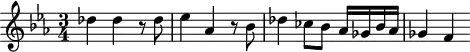 \header {
tagline = ##f
}
\score {
\new Staff \with {
}
<<
\relative c'' {
\key ees \major
\time 3/4
\tempo 4 = 80
\override TupletBracket #'bracket-visibility = ##f
%\autoBeamOff
\set Staff.midiInstrument = #"string ensemble 1"
%%%%%%%%%%%%%%%%%%%%%%%%%% AB 3-2 th3
des4 des r8 des ees4 aes, r8 bes8 des4 ces8 bes aes16 ges bes aes ges4 f
}
>>
\layout {
\context { \Score \remove "Metronome_mark_engraver"
}
}
\midi {}
}