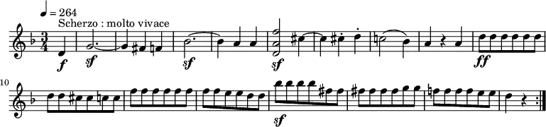 \relative c'' {
\version "2.18.2"
\key f \major
\time 3/4
\tempo 4 = 264
\tempo "Molto vivace"
\partial 4 d,4 \f ^\markup {Scherzo : molto vivace} g2.\sf ~ g4 fis f
bes2. \sf ~ bes4 a4 a
<d, a' f'>2 \sf cis'4 ~ cis cis-. d-.
c!2 (bes4) a r a
d8 \ff \repeat unfold 7 {d} cis cis c c
\repeat unfold 8 {f} e e d d
bes' \sf bes bes bes \repeat unfold 6 {fis} g g f! f f f e e d4 r \bar ":|."
}