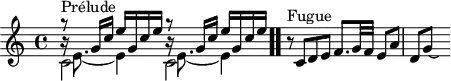 
\version "2.18.2"
\header {
  tagline = ##f
}

\score {
  \new Staff \with {

  }
<<
  \relative c'' {
    \key c \major
    \time 4/4

     %% INCIPIT CBT I-1, BWV 846, ut majeur
     << { s8*0^\markup{Prélude} \repeat unfold 2 { g'8\rest \repeat unfold 2 { g,16 c e } } } \\ { c,2 c } \\ { \stemDown \repeat unfold 2 { b'16\rest e,8._~ e4 } } >> \bar ".."

     r8^\markup{Fugue} c8 d e f8. g32 f e8 a d, g~ \hideNotes g16

  }
>>
  \layout {
     \context { \Score \remove "Metronome_mark_engraver" 
     \override SpacingSpanner.common-shortest-duration = #(ly:make-moment 1/2)
}
  }
  \midi {}
}
