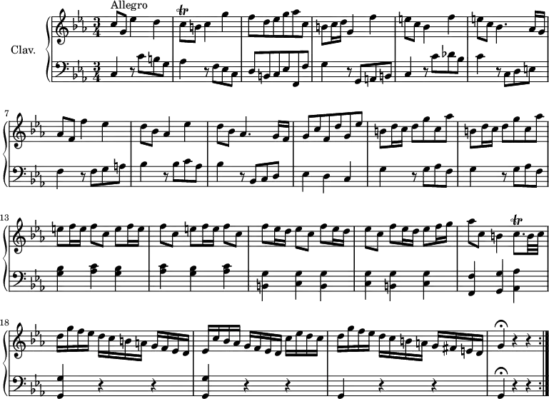 \version "2.18.2"
\header {
tagline = ##f
% composer = "Domenico Scarlatti"
% opus = "K. 73"
% meter = "Allegro"
}
%% les petites notes
trillCq = { \tag #'print { c8\trill } \tag #'midi { d32 c d c } }
trillCqp = { \tag #'print { c8.\trill } \tag #'midi { d32 c d c~ c16 } }
upper = \relative c'' {
\clef treble
\key c \minor
\time 3/4
\tempo 4. = 80
\set Staff.midiInstrument = #"harpsichord"
\override TupletBracket.bracket-visibility = ##f
\repeat volta 2 {
s8*0^\markup{Allegro}
c8 g ees'4 d | \trillCq b8 c4 g' | f8 d ees g aes c, | b c16 d g,4 f' |
% ms. 5
e8 c bes4 f' | e8 c bes4. aes16 g | aes8 f f'4 ees | d8 bes aes4 ees' | d8 bes aes4. g16 f |
% ms. 10
g8 c f, d' g, ees' | \repeat unfold 2 { b d16 c d8 g c, aes' } | \repeat unfold 3 { e8 f16 e f8 c }
% ms. 15
\repeat unfold 2 { f8 ees16 d ees8 c } f8 ees16 d ees8 f16 g | aes8 c, b4 \trillCqp b32 c |
% ms. 18
d16 g f ees d c b a g f ees d | ees c' bes aes g f ees d c' ees d c | d g f ees d c b a g fis e d | g4\fermata r4 r4 }%repet
}
lower = \relative c' {
\clef bass
\key c \minor
\time 3/4
\set Staff.midiInstrument = #"harpsichord"
\override TupletBracket.bracket-visibility = ##f
\repeat volta 2 {
% ************************************** \appoggiatura a16 \repeat unfold 2 { } \times 2/3 { } \omit TupletNumber
c,4 r8 c'8 b g | aes4 r8 f8 ees c | d b c ees f, f' | g4 r8 g,8 a b |
% ms. 5
c4 r8 c'8 des bes | c4 r8 c,8 d e | f4 r8 f8 g a | bes4 r8 bes c aes | bes4 r8 bes,8 c d
% ms. 10
ees4 d c | \repeat unfold 2 { g' r8 g aes f } | \repeat unfold 3 { < g bes >4 < aes c > }
% ms. 15
\repeat unfold 3 { < b, g' >4 < c g' > } < f, f' >4 < g g' > < aes aes' >
% ms. 18
\repeat unfold 2 { < g g' >4 r4 r4 } g4 r4 r4 | g4\fermata r4 r4 }%repet
}
thePianoStaff = \new PianoStaff <<
\set PianoStaff.instrumentName = #"Clav."
\new Staff = "upper" \upper
\new Staff = "lower" \lower
>>
\score {
\keepWithTag #'print \thePianoStaff
\layout {
#(layout-set-staff-size 17)
\context {
\Score
\override SpacingSpanner.common-shortest-duration = #(ly:make-moment 1/2)
\remove "Metronome_mark_engraver"
}
}
}
\score {
\keepWithTag #'midi \thePianoStaff
\midi { }
}
