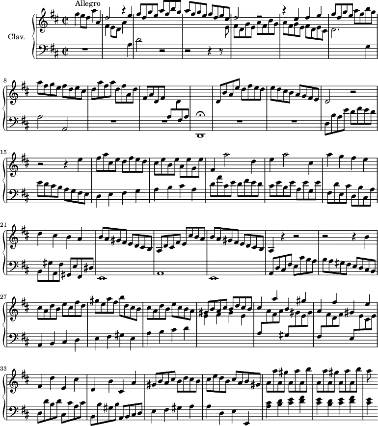 \version "2.18.2"
\header {
tagline = ##f
% composer = "Domenico Scarlatti"
% opus = "K. 414"
% meter = "Allegro"
}
%% les petites notes
%trillBesp = { \tag #'print { bes4.\prall } \tag #'midi { c32 bes c bes~ bes4 } }
upper = \relative c'' {
\clef treble
\key d \major
\time 2/2
\tempo 2 = 98
s8*0^\markup{Allegro}
fis4 e8 d a'4 a, | \stemUp d2 r4 e4 | fis8 d g e a fis b g | a fis g e \stemUp fis d e cis |
% ms. 5
d2 r2 | r4 cis4 d e | fis8 d g e \stemNeutral a fis b g | a fis g e fis d e cis |
% ms. 9
d8 a' fis a d, fis a, d | fis, a d, fis \change Staff = "lower" a, \change Staff = "upper" d \change Staff = "lower" fis, a \stemNeutral \change Staff = "upper" | s1 | d8 b' a e' d fis e d | e d cis b a g fis e |
% ms. 14
d2 r2 | r2 r4 | e'4 | fis8 a cis, e d fis e d | cis e b e a, e' g, e' | fis,4 a'2 d,4 |
% ms. 19
e4 a2 cis,4 | a' g fis e | d cis b a | b8 a gis fis e d cis b | a d cis fis e cis' b a |
% ms. 24
b8 a gis fis e d cis b | a4 r4 r2 | r2 r4 b'4 | cis8 a d b e cis fis d |
% ms. 28
gis8 e a fis b d, cis b | cis a d b e cis b a \stemUp | gis b a cis b d cis b | cis4 a' b, gis' |
% ms. 32
a,4 fis' gis, e' \stemNeutral | fis, d' e, cis' | d, b' cis, a' | gis8 b a cis b d cis b |
% ms. 36
cis8 e d b cis a b gis | \repeat unfold 2 { a a' a, gis' a, a' a, b' } | a8
}
lower = \relative c' {
\clef bass
\key d \major
\time 2/2
% **************************************
R1 \stemDown \change Staff = "upper" | fis4 e8 d a'4 \stemNeutral \change Staff = "lower" a, | d2 r2 | r2 r4 r8 \stemDown \change Staff = "upper" e8 |
% ms. 5
fis8 d g e a fis b g | a fis g e fis d e cis | d2. \stemNeutral \change Staff = "lower" g,4 | a2 a, |
% ms. 9
R1*2 | d,1\fermata | R1*2 |
% ms. 14
d'8 b' a e' d fis e d | e d cis b a g fis e | d4 e fis g | a b cis a | d8 a' cis, e d fis e d |
% ms. 19
cis8 e b e a, e' g, e' | fis, d' e, cis' d, b' cis, a' | b, gis' a, fis' gis, e' fis, dis' | e,1 | a |
% ms. 24
e1 | a8 d cis fis e cis' b a | b a gis fis e d cis b | a4 b cis d |
% ms. 28
e4 fis gis e | a b cis d |
\stemDown \change Staff = "upper" e fis gis e |
\stemUp \change Staff = "lower" a,8 \stemDown \change Staff = "upper" a' fis a \stemUp \change Staff = "lower" gis, \stemDown \change Staff = "upper" gis' e gis \stemUp \change Staff = "lower" |
% ms. 32
fis,8 \stemDown \change Staff = "upper" fis' d fis |
\stemUp \change Staff = "lower" e, \stemDown \change Staff = "upper" e' cis e |
\stemNeutral \change Staff = "lower" d, d' b d | cis, cis' a cis | b, b' gis b | a, b cis d | e4 fis gis a |
% ms. 36
a4 d, e e, | < a' cis >4 \repeat unfold 2 { < b d > < cis e > < d fis > | < cis e > }
}
thePianoStaff = \new PianoStaff <<
\set PianoStaff.instrumentName = #"Clav."
\new Staff = "upper" \upper
\new Staff = "lower" \lower
>>
\score {
\keepWithTag #'print \thePianoStaff
\layout {
#(layout-set-staff-size 17)
\context {
\Score
\override TupletBracket.bracket-visibility = ##f
\override SpacingSpanner.common-shortest-duration = #(ly:make-moment 1/2)
\remove "Metronome_mark_engraver"
}
}
}
\score {
\keepWithTag #'midi \thePianoStaff
\midi { \set Staff.midiInstrument = #"harpsichord" }
}