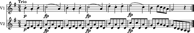 
<<
\new Staff \with { instrumentName = #"V1 "} \relative c'' {
    \version "2.18.2"
    \key g \major 
    \tempo "Trio"
    \time 3/4
    b4-.\p a-. b-.
    c2\fp (a4)
    b4-. a-. b-.
    c2\fp (a4)
    d4-. c-. d-.
    e2\fp (c4)
    b d8 c b a
    g2 r4 \bar ":|."
}
\new Staff \with { instrumentName = #"V2 "} \relative c'' {
    \key g \major 
    \time 3/4
     g8 \p d fis d g d
    a' \fp d, a' d, fis d
     g  d fis d g d
     a' \fp d, a' d, fis d
     b'  d, a' d, b' d,
     c' \fp d, c' d, a' d,
     g d b' a g fis
     g d c b a g \bar ":|."
}
>>
