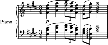 \version "2.18.2"
\header {
tagline = ##f
}
upper = \relative c' {
\clef treble
\key cis \minor
\time 2/4
\tempo 4 = 56
\tempo ""
\set Staff.midiInstrument = #"acoustic grand"
< fis cis' fis >4\p\( < a e' a > \times 2/3 { < b fis' b >8 < a e' a > < fis cis' fis >\) }
< e b' e >8-.( < gis dis' gis >-.) < gis b dis gis >2--
}
lower = \relative c {
\clef bass
\key cis \minor
\time 3/4
\set Staff.midiInstrument = #"acoustic grand"
< dis a' cis >4\( < fis cis' e > \times 2/3 { < a dis fis >8 < fis cis' e > < dis a' cis>\) }
< e gis b >8-.( < gis, dis' b' >-.)\arpeggio < gis' b dis >2--
}
\score {
\new PianoStaff <<
\set PianoStaff.instrumentName = #"Piano"
\new Staff = "upper" \upper
\new Staff = "lower" \lower
>>
\layout {
\context {
\Score
%\override SpacingSpanner.common-shortest-duration = #(ly:make-moment 1/3)
\remove "Metronome_mark_engraver"
}
}
\midi { }
}