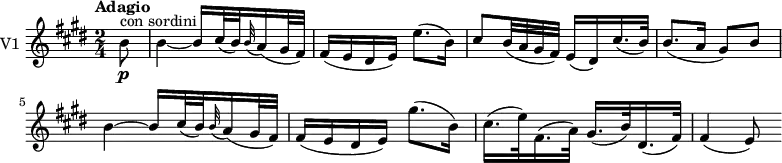 \new Staff \with { instrumentName = #"V1 "}
\relative c''' {
\version "2.18.2"
\key e \major
\tempo "Adagio"
\time 2/4
\tempo 4 = 50
\partial8 b,8 \p ^\markup {con sordini}
b4 ~ b16 cis32 (b) \grace b32 (a16) (gis32 fis)
fis16 (e dis e) e'8. (b16)
cis8 b32 (a gis fis) e16 (dis) cis'16. (b32)
b8. (a16 gis8) b
b4 ~ b16 cis32 (b) \grace b32 (a16) (gis32 fis)
fis16 (e dis e) gis'8. (b,16)
cis16. (e32) fis,16. (a32) gis16. (b32) dis,16. (fis32)
fis4 (e8)
}