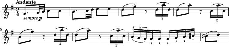 
\relative c' {
  \version "2.18.2"
  \key g \major
  \time 2/4
 \tempo  "Andante"
  \tempo 4 = 60
 g'8._\markup { \italic sempre \dynamic p } a32 b  c8 c
 b8.  c32 d  e8 e
 d (g) r8 \tuplet 3/2 { d16 (b' d,) }
 d8 (a') r8  \tuplet 3/2 { c,16 (a' c,) }
 b8 (g') r8 \tuplet 3/2 { d16 (b' d,) }
 d8 (a')  r8 \tuplet 3/2 { c,16 (a' c,) }
 \tuplet 3/2 { b (a g) } g-! g-!  g-! a-!  b-! cis-!
 cis8 (d)
}
