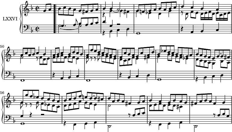 
\version "2.14.2"
\header {
  tagline = ##f
}
upper = \relative c'' {
  \clef treble 
  \key f \major
  \time 2/2
  \tempo 2 = 48
  %\autoBeamOff
  \set Staff.midiInstrument = #"harpsichord"

  \partial 4 g8 a \bar ".|"
  bes8 c bes a g fis g a 
  << { bes4 bes a2 } \\ { r4 g4~ g4 fis } >>
  << { g8 f! g a bes a bes c } \\ { g4 ees d g } >>
  << { d'4 c bes a } \\ { r8 d,8 f[ e] d16[ e f d] e[ c d e] } >>
  << { a8 c a bes c4 bes } \\ { f2 r8 f d e } >>
  << { a8 bes c4 bes8 d c bes } \\ { f8 g a f g f e4 } >>
  << { a8 f' e d c bes a g } \\ { f8 r8 r8 bes8 a g f e } >>
  %%% 8
  << { f8 c' bes a g c a d } \\ { d, c d f e4 fis } >>
  << { bes8 ees d c bes a g a } \\ { g4  bes8 a g f ees4 } >>
  << { bes'8 a g f e g~ g fis } \\ { d8 c bes a g4 bes8 a  } >>
  << { g'8 g' f ees d c bes a } \\ { g8 r8 r8 g8 f ees d c } >>
  %%% 12
  << { bes'8 c d f e! d~ d cis } \\ { d,8 e f a g f e4 } >>
  << { d'8 a bes a fis4 g8 a } \\ { d,2 } >>
  << { bes'4 a g8 bes a g } \\ { d8 e f d e d cis4 } >>
  fis8 a bes a fis4 g

}

lower = \relative c' {
  \clef bass
  \key f \major
  \time 2/2
  \set Score.currentBarNumber = #46
  \set Staff.midiInstrument = #"harpsichord"
   
   s4
   << { g4. a8 bes a bes c } \\ { g2~ g } >>
   << { d'4 g, r2 } \\ { r4 bes,4 c d g,1 } >>
   r4 a4 bes c f,1
   r4 a4 bes c f,1
   r4 bes4 c d g,1
   << { s1 g'4 r4 r2 } \\ { r4 bes,4 c d g,1 } >>
   << { s1 s2 r8 a'8 bes c } \\ { r4 f,,4 g a d,2 s2 } >>
   << { s1 s2 r8 a''8 bes g } \\ { r4 f,4 g a d,2 s2 } >>
   
} 

\score {
  \new PianoStaff <<
    \set PianoStaff.instrumentName = #"LXXVI"
    \new Staff = "upper" \upper
    \new Staff = "lower" \lower
  >>
  \layout {
    \context {
      \Score
      \remove "Metronome_mark_engraver"
    }
  }
  \midi { }
}
