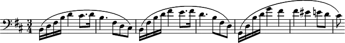 
\header {
  tagline = ##f
}

\score {
  \new Staff \with {

  }
<<
  \relative c {
    \key b \minor
    \time 3/4
    \clef bass
    \override TupletBracket #'bracket-visibility = ##f 
    %\autoBeamOff

     %%%%%%%%%%%%%%%%%%%%%%%%%% Préludes Opus 28/6
     b16( d fis b d4 cis8. d16 b4. fis8 d cis)
     b16( fis' b d fis4 e8. fis16 d4. b8 fis d)
     g,16( d' b' d g4 fis fis eis e!8 d cis )

  }
>>
  \layout {
    \context {
      \remove "Metronome_mark_engraver"
    }
  }
  \midi {}
}
