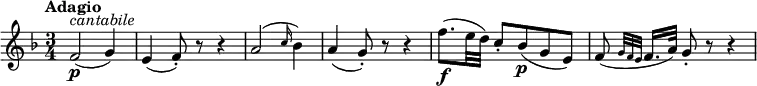 \version "2.18.2"
\relative c'' {
\key f \major
\time 3/4
\tempo "Adagio "
\tempo 4 = 50
f,2 \p ^ \markup{\italic cantabile } (g4)
e4 (f8-.) r r4
a2 (\grace c16 (bes4))
a4 (g8-.) r r4
f'8. \f (e32 d) c8-. bes \p (g e)
f (\grace {g32 f e} f16. a32) g8-. r r4
}