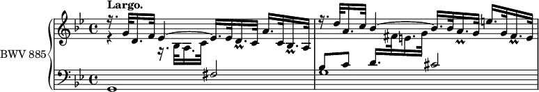 
\version "2.18.2"
\header {
  tagline = ##f
}

Pralldsp     = { \tag #'print { d16._\prall } \tag #'midi { \times 2/3 { ees64 d ees } d16 }  }
Prallfissp   = { \tag #'print { fis16._\prall } \tag #'midi { \times 2/3 { g64 fis g } fis16 }  }
Prallasp     = { \tag #'print { a16._\prall } \tag #'midi { \times 2/3 { bes64 a bes } a16 }  }
Prallbessp   = { \tag #'print { bes16._\prall } \tag #'midi { \times 2/3 { c64 bes c } bes16 }  }

upper = \relative c'' {
  \clef treble 
  \key g \minor
  \time 4/4
  \tempo 8 = 84 % tempo de Keller
  \set Staff.midiInstrument = #"harpsichord" 

   %% PRÉLUDE CBT II-16, BWV 885, sol mineur
   << { s4*0^\markup{\bold "Largo."} r16. g32 d16. f32 ees4~ ees16. ees32 \Pralldsp c32 a'16. c,32 \Prallbessp a32 | r16. d'32 a16. c32 bes4~ bes16. bes32 \Prallasp g32 e'16. g,32 \Prallfissp e32 } \\ { r4 r16. bes32 a16. c32 } >>
}

lower = \relative c {
  \clef bass 
  \key g \minor
  \time 4/4
  \set Staff.midiInstrument = #"harpsichord" 
  
   <<{ s2 fis2 bes8 c d16. \stemDown \change Staff = "upper"  fis32 e16. g32  \stemUp \change Staff = "lower"  cis,2 } \\ { g,1 g' }>>
   
} 

 thePianoStaff =  \new PianoStaff <<
    \set PianoStaff.instrumentName = #"BWV 885"
    \new Staff = "upper" \upper
    \new Staff = "lower" \lower
  >>

\score {
  \keepWithTag #'print \thePianoStaff
  \layout {
    \context {
      \Score
      \remove "Metronome_mark_engraver"
    }
  }
}

\score {
  \keepWithTag #'midi \thePianoStaff
  \midi { }
}

