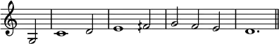  \relative c' { \cadenzaOn \omit Staff.TimeSignature \tempo 1 = 90 \set Score.tempoHideNote = ##t g2 \bar "|" c1 d2 \bar "|" e1 fih2 \bar "|" g fih e \bar "|" d1.  \bar "||" }