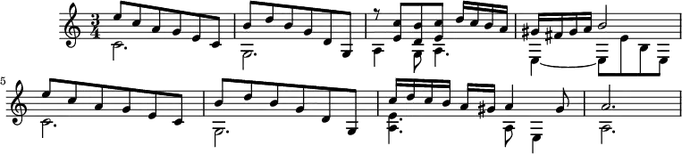 \header {
tagline = ##f
}
\score {
\new Staff \with {
}
<<
\relative c' {
\key c \major
\time 3/4
\override TupletBracket #'bracket-visibility = ##f
\autoBeamOff
\tempo 4 = 80
\set Staff.midiInstrument = #"orchestral harp"
%%%%%%%%%%%%%%%%%%%%%%%%%% Luys de Narváez
%%%%% Diferencias sobre Guárdame las Vacas
<<
\new Voice
\relative c''
{ \voiceOne
e8 c a g e c b' d b g d g, r8 < c' e, >8 < b d, >8 < c e, >8 d16 c b a gis fis gis a b2 e8 c a g e c b' d b g d g, c'16 d c b a gis a4 gis8 a2.
}
\new Voice
\relative c'
{ \voiceTwo
c2. g a4 g8 a4. e4~ e8 e' b e,
c'2. g < a e' >4. a8 e4 a2.
}
>>
}
>>
\layout {
\context { \Score \remove "Metronome_mark_engraver" }
\context {
\remove "Metronome_mark_engraver"
}
}
\midi {}
}