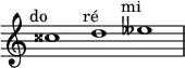 \relative c'' {
\time 3/1
\override Staff.TimeSignature #'stencil = ##f
cisis1^\markup { \center-align "do 𝄪" }
d^\markup { \center-align "ré" }
eeses^\markup { \center-align "mi 𝄫" }
}