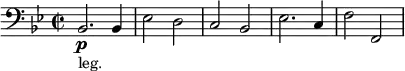 \relative c { \set Staff.midiInstrument = #"cello" \clef bass \time 2/2 \key bes \major
bes2.\p(_"leg.") bes4 | ees2 d2 c2 bes2 | ees2. c4 | f2 f,2 ||
}