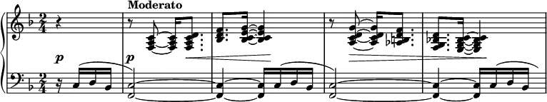 
 \relative c' {
  \new PianoStaff <<
   \new Staff { \key f \major \set Score.tempoHideNote = ##t \tempo "" 4=96 \time 2/4 \partial 4
    \override Score.NonMusicalPaperColumn #'line-break-permission = ##f
    r4 \set Score.tempoHideNote = ##t \tempo "Moderato" 4=96 r8
    <c~ a~ f~> <c a f>16 <d c a f>8. <f d bes> <g~ e~ c~ bes~>16 <g e c bes>4
    r8 <g~ d~ c~ a~> <g d c a>16 <f d b aes>8. <d bes! g f>8. <c~ bes~ g~ e~>16 <c bes g e>4
   }
   \new Dynamics {
    s4\p s\p s16 s8.\< s4 s\! s8 s\> s4 s s\!
   }
   \new Staff { \key f \major \time 2/4 \clef bass
    r16 c,^( d bes <c~ f,~>2) <c~ f,~>4 <c f,>16 c^( d bes
    <c~ f,~>2) <c~ f,~>4 <c f,>16[ c^( d bes16*1/2] \hideNotes c)
   }
  >>
 }
