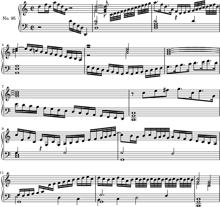 
\version "2.14.2"
\header {
  tagline = ##f
}
upper = \relative c'' {
  \clef treble 
  \key a \minor
  \time 2/2
  \tempo 2 = 52
  %\autoBeamOff
  \set Staff.midiInstrument = #"harpsichord"

    d8[ f16 d] a'[ f d a] r2
    << { < d a >2~ < d a >8 } \\ { f,2~ f8 c32[ d e f] g[ a b c] d[ e f g] } >>
    a8. f16 d8. a16 f[ d e f] g32[ a b c] d[ e f d] 
    << { e4~ e16[ d c! b] a[ g f e] d[ c b a] r2 < e'' c >2 < d b g >1~ < d b g > } \\ { cis4  s2. r2 a2 } \\ { s1 r2} >>
    r8 c8 e fis g8. c,16 e8. g,16 | 
    c[ e, g c,] e[ g, c g] a[ b c d] e[ f g32 a b c~] 
    c8[ b16 a] b[ c g32 a b g] a16[ g f e] d[ c b a] 
    \change Staff = "lower" \stemUp g16[ f g a] b[ c \change Staff = "upper" \stemDown d e] f[ g a b] c[ d e c]
    d[ c b c] d[ c a b] \tempo 2 = 46 \repeat unfold 2 { c32[ b c b] } \tempo 2 = 44 \repeat unfold 2 { c32[ b c b] }
    \tempo 2 = 52
    << { < c g >2 < g e > } \\ { e2 c2 } >>
}

lower = \relative c {
  \clef bass
  \key a \minor
  \time 2/2
  \set Staff.midiInstrument = #"harpsichord"

    r2 d'16[ a f d] d,4
    << { < d'' a >2 s2 d2 r4 d4 a1 } \\ { d,1 < a' f d >1 < e a, > } >>
    g16[ f e d] c b a g a[ g a b] c[ d e f] g8. a16 b8. c16 d8. e16 f8. d16 e[ d c b] a[ g f e] d[ c b a] g[ f e d]
    % ms. 8
    \relative c'
    < c, g c, >1
    << { g'4 r4 g2 g2 f } \\ { < e c >1 g,1 } >>
    % ms. 11
    << { s1 g'2. f4 } \\ { g,1 g } \\ { \stemDown e'2 d4 c b c d2 } >>
    < c g c, >1
    
}

\score {
  \new PianoStaff <<
    \set PianoStaff.instrumentName = #"No. 95"
    \new Staff = "upper" \upper
    \new Staff = "lower" \lower
  >>
  \layout {
    \context {
      \Score
      \remove "Metronome_mark_engraver"
    }
  }
  \midi { }
}
