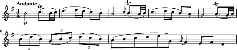 
\relative c'' {
  \version "2.18.2"
    \key g \major
    \time 3/4
    \tempo "Andante" 
    b2\p c8.\trill (b32 c)
    d4. (e16 d c8) b-.
    a2  \grace c16 (b8.)\trill (a32 b)
    c4. (d16 c b8) a-.
    g2 a8.\trill (g32 a)
    \tuplet 3/2 {b8 (d b)}  \tuplet 3/2 {g8 (b c)}  \tuplet 3/2 {d8 (c b)}
    a8 (b c d e g,)
    \grace g16 (fis4) e8 fis d4
  }
