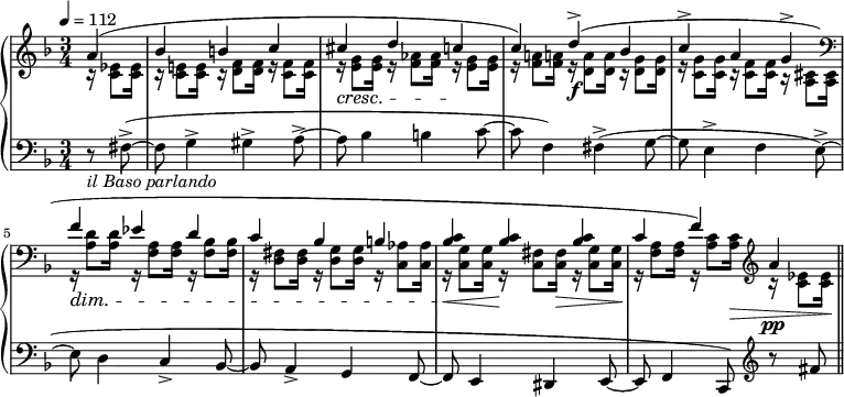 
%source : http://imslp.org/wiki/Special:ReverseLookup/779
\new PianoStaff <<
  \new Staff = "right" <<
    \relative c'' {
      \key f \major
      \numericTimeSignature
      \time 3/4
      \partial 4
      \tempo 4=112
      a(
      bes b c
      cis\cresc d c\!
      c) d->(\f bes
      c-> a g->
      \clef bass
      f es d
      c bes b
      <bes c> <bes c> <bes c>
      c f) \clef treble a\pp \bar "||"
    }
    \\
    \relative c' {
      \key f \major
      \numericTimeSignature
      \time 3/4
      \partial 4
      \tempo 4=112
      r16 <c es>8[ <c es>16]
      r16 <c e!>8[ <c e>16] r16 <d f>8[ <d f>16] r16 <c f>8[ <c f>16]
      r16 <e g>8[ <e g>16] r16 <f aes>8[ <f aes>16] r16 <e g>8[ <e g>16]
      r16 <f a!>8[ <f a!>16] r16 <d a'>8[ <d a'>16] r16 <d g>8[ <d g>16]
      r16 <c g'>8[ <c g'>16] r16 <c f>8[ <c f>16] r16 <a cis>8[ <a cis>16]
      \clef bass
      r16\dim <a d>8[ <a d>16] r16 <f a>8[ <f a>16] r16 <f bes>8[ <f bes>16]
      r16 <d fis>8[ <d fis>16] r16 <d g>8[ <d g>16] r16 <c aes'>8[ <c aes'>16]
      r16\< <c g'>8[ <c g'>16] r16\! <c fis>8[ <c fis>16\>] r16 <c g'>8[ <c g'>16\!]
      r16 <f a>8[ <f a>16] r16 <a c>8[ <a c>16\>] \clef treble r16 <c es>8[ <c es>16\!]
    }
  >>
  \new Staff = "left" {
    \clef bass \relative c {
      \key f \major
      \numericTimeSignature
      \time 3/4
      \partial 4
      \tempo 4=112
      r8_\markup {\italic "il Baso parlando"} fis(->~
      fis8 g4-> gis-> a8->~
      a8 bes4 b c8~
      c8 f,4) fis(-> g8~
      g8 e4-> f e8->~
      e8 d4 c-> bes8~
      bes8 a4-> g f8~
      f8 e4 dis e8~
      e8 f4 c8) \clef treble r8 fis''
    }
  }
>>
