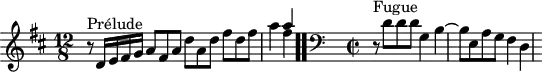 
\version "2.18.2"
\header {
  tagline = ##f
}

\score {
  \new Staff \with {
%fontSize = #-2
  }
<<
  \relative c' {
    \key d \major
    \time 12/8
    \set Staff.midiInstrument = #"harpsichord" 

     %% INCIPIT CBT II-5, BWV 874, ré majeur
     r8^\markup{Prélude} d16 e fis g a8 fis a d a d fis d fis | a4 << { a4 } \\ { fis4 } >> | \once \override Staff.TimeSignature #'stencil = ##f \time 4/8  \bar ".."

     \skip 16*1
     \override Staff.Clef.extra-offset = #'( -1 . 0 )
     \clef bass
     \time 2/2 
     r8^\markup{Fugue} d,8 d d g,4 b~ b8 e, a g fis4 d

  }
>>
  \layout {
     \context { \Score \remove "Metronome_mark_engraver" 
     \override SpacingSpanner.common-shortest-duration = #(ly:make-moment 1/2) 
       }
   }
  \midi {}
}
