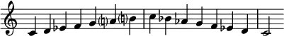  {
\override Score.TimeSignature #'stencil = ##f
\relative c' { 
  \clef treble \time 7/4
  c4^\markup {} d es f g a!? b!?
  c bes aes g f es d
  c2
  }
}