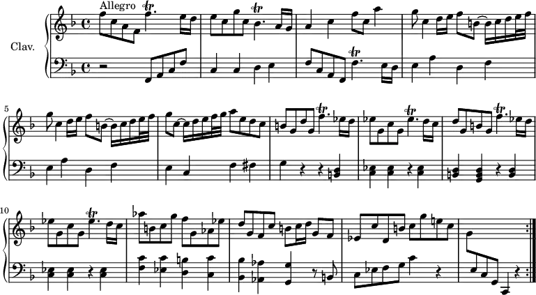 
\version "2.18.2"
\header {
  tagline = ##f
  % composer = "Domenico Scarlatti"
  % opus = "K. 59"
  % meter = "Allegro"
}

%% les petites notes
trillFpUp     = { \tag #'print { f'4.\trill } \tag #'midi { g32 f g f~ f4 } }
trillEESpUp   = { \tag #'print { ees'4.\trill } \tag #'midi { f32 ees f ees~ ees4 } }
trillBesp     = { \tag #'print { bes4.\trill } \tag #'midi { c32 bes c bes~ bes4 } }

upper = \relative c'' {
  \clef treble 
  \key f \major
  \time 4/4
  \tempo 4 = 110
  \set Staff.midiInstrument = #"harpsichord"
  \override TupletBracket.bracket-visibility = ##f

 \repeat volta 2 {
      s8*0^\markup{Allegro}
      f8 c a f \trillFpUp e16 d | e8 c g' c, \trillBesp a16 g |
      % ms. 3
      a4 c f8 c a'4 | \repeat unfold 2 { g8 c,4 d16 e f8 b,~ b16 c d e32 f } | 
      % ms. 6
      g8 c,~ c16 d e f32 g | a8 e d c | b g d' g, \trillFpUp  ees16 d | ees8 g, c g \trillEESpUp d16 c |
      % ms. 9
      d8 g, b g \trillFpUp  ees16 d |  ees8 g, c g \trillEESpUp d16 c | aes'8 b, c g' f g, aes ees' |
      % ms. 12
      d8 g, f c' b c16 d g,8 f | ees c' d, b' c g' e! c | s1 }%reprise

}

lower = \relative c' {
  \clef bass
  \key f \major
  \time 4/4
  \set Staff.midiInstrument = #"harpsichord"
  \override TupletBracket.bracket-visibility = ##f

 \repeat volta 2 {
    % ************************************** \appoggiatura a8  \repeat unfold 2 {  } \times 2/3 { }   \omit TupletNumber 
      r2 f,,8 a c f | c4 c d e |
      % ms. 3
      f8 c a f \trillFpUp e16 d | \repeat unfold 2 { e4 a d, f } |
      % ms. 6
      e4 c f fis | g r4 r4 < b, d >4 | < c ees > q r4 q |
      % ms. 9
      < b d >4 < g b d > r4 < b d >4 | < c ees > q r4 q | < f c' > < ees c' > < d b' > < c c' > |
      % ms. 12
      < bes bes' >4 < aes aes' > < g g' > r8 b8 | c ees f g c4 r4 | \stemDown \change Staff = "upper" g'8 \stemUp \change Staff = "lower" e, c g | c,4 r4 }%reprise

}

thePianoStaff = \new PianoStaff <<
    \set PianoStaff.instrumentName = #"Clav."
    \new Staff = "upper" \upper
    \new Staff = "lower" \lower
  >>

\score {
  \keepWithTag #'print \thePianoStaff
  \layout {
      #(layout-set-staff-size 17)
    \context {
      \Score
     \override SpacingSpanner.common-shortest-duration = #(ly:make-moment 1/2)
      \remove "Metronome_mark_engraver"
    }
  }
}

\score {
  \keepWithTag #'midi \thePianoStaff
  \midi { }
}
