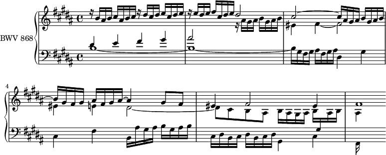 
\version "2.18.2"
\header {
  tagline = ##f
}

upper = \relative c'' {
    \clef treble 
    \key b \major
    \time 4/4
    \tempo 4 = 80
    \set Staff.midiInstrument = #"harpsichord" 

   %% PRÉLUDE CBT I-23, BWV 868, si majeur
   << { r16 b ais b cis ais b cis r16 dis cis dis e cis dis e r16 e dis e fis cis dis e dis2 cis~ cis16 ais gis ais b gis ais b~ b gis fis gis ais fis gis ais~ ais4 gis8 fis eis4 fis2 eis4 fis1*1/4 } \\ { s1 s2 r16 ais gis ais b gis ais b eis,4 fis~ fis2 eis4 e dis2~ dis8 cis b ais b16 ais gis ais b \stemUp \change Staff = "lower" gis \stemDown \change Staff = "upper" ais b ais4 } >>

}

lower = \relative c' {
    \clef bass 
    \key b \major
    \time 4/4
    \set Staff.midiInstrument = #"harpsichord" 

    << { dis4 e fis gis ais2 } \\ { b,1~ b~ b16 gis fis gis ais fis gis ais dis,4 gis cis, fis b,16 ais' gis ais b gis ais b cis, dis b cis dis b cis dis gis,4 cis fis,16 } >>
} 

\score {
  \new PianoStaff <<
    \set PianoStaff.instrumentName = #"BWV 868"
    \new Staff = "upper" \upper
    \new Staff = "lower" \lower
  >>
  \layout {
    \context {
      \Score
      \remove "Metronome_mark_engraver"
      \override SpacingSpanner.common-shortest-duration = #(ly:make-moment 1/2)
    }
  }
  \midi { }
}
