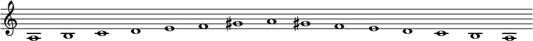 \new Staff {
\relative c' {
\key a \minor
\override Staff.TimeSignature #'stencil = ##f
\override Staff.BarLine #'stencil = ##f
a1 b c d e f gis a gis f e d c b a
}
}
\midi {
\context {
\Score
tempoWholesPerMinute = #(ly:make-moment 120 1)
}
}