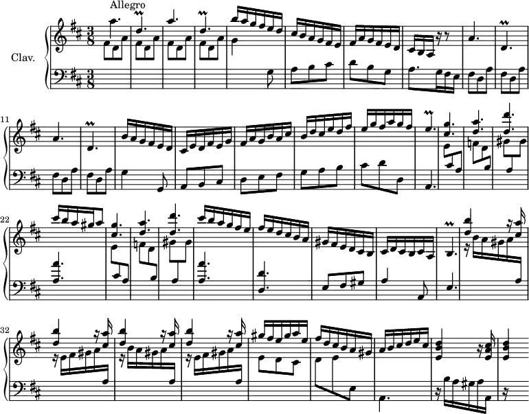 \version "2.18.2"
\header {
tagline = ##f
% composer = "Domenico Scarlatti"
% opus = "K. 353"
% meter = "Allegro"
}
%% les petites notes
trillDpDown = { \tag #'print { d,4.\prall } \tag #'midi { e32 d e d~ d4 } }
trillEp = { \tag #'print { e4.\prall } \tag #'midi { fis32 e fis e fis e fis e~ \tempo 4. = 30 e8 \tempo 4. = 72 } }
trillBp = { \tag #'print { b4.\prall } \tag #'midi { cis32 b cis b cis b cis b~ \tempo 4. = 30 b8 \tempo 4. = 72 } }
upper = \relative c'' {
\clef treble
\key d \major
\time 3/8
\tempo 4. = 72
\set Staff.midiInstrument = #"harpsichord"
s8*0^\markup{Allegro}
\repeat unfold 2 { a'4. | \stemUp \trillDpDown } | b'16 a g fis e d |
% ms. 6
cis16 b a g fis e | fis a g fis e d cis b a r16 r8 | \repeat unfold 2 { a'4. | \trillDpDown } |
% ms. 13
b'16 a g fis e d | cis e d fis e g | fis a g b a cis |
% ms. 16
b16 d cis e d fis | e g fis a g fis | \trillEp | < cis g' >4. < d a' >
% ms. 21
< d d' >4. | cis'16 b a gis a8 | < cis, g' >4. < d a' > < d d' > |
% ms. 26
cis'16 b a g fis e | fis e d cis b a | gis fis e d cis b | cis d cis b cis a | \trillBp
% ms. 31
\repeat unfold 4 { < d' b' >4 r16 < cis a' >16 } | gis'16 fis e gis a e |
% ms. 36
fis16 d cis b a gis | a b cis d e cis | < e, b' d >4 r16 < e a cis >16 | < e b' d >4
}
lower = \relative c' {
\clef bass
\key d \major
\time 3/8
\set Staff.midiInstrument = #"harpsichord"
% ************************************** \appoggiatura a16 \repeat unfold 2 { } \times 2/3 { } \omit TupletNumber
\stemDown \change Staff = "upper" \repeat unfold 4 { fis8 d a' } | g4 \stemNeutral \change Staff = "lower" g,8 |
% ms. 6
a8 b cis | d b g | a8. g16 fis e | \repeat unfold 4 { fis8 d a' } |
% ms. 13
g4 g,8 | a8 b cis | d e fis |
% ms. 16
g8 a b | cis d d, | a4. | \repeat unfold 2 { \stemDown \change Staff = "upper" e''8 \stemUp \change Staff = "lower" cis a | \stemDown \change Staff = "upper" f' d \stemUp \change Staff = "lower" b \stemDown \change Staff = "upper" |
% ms. 21
gis'8 \stemUp \change Staff = "lower" a, \stemDown \change Staff = "upper" gis' \stemUp \change Staff = "lower" |
% ms. 26
< a, a' >4. } | < d, d' >4. | e8 fis gis | a4 a,8 | e'4. \stemDown \change Staff = "upper" |
% ms. 31
\repeat unfold 2 { r16 b''16 a gis a \stemUp \change Staff = "lower" a, | \stemDown \change Staff = "upper" r16 e'16 fis gis a \stemUp \change Staff = "lower" a, \stemDown \change Staff = "upper" } | e'8 d cis |
% ms. 36
d8 e \change Staff = "lower" e, | a,4. | r16 b'16 a gis a a, | r16 s8.
}
thePianoStaff = \new PianoStaff <<
\set PianoStaff.instrumentName = #"Clav."
\new Staff = "upper" \upper
\new Staff = "lower" \lower
>>
\score {
\keepWithTag #'print \thePianoStaff
\layout {
#(layout-set-staff-size 17)
\context {
\Score
\override TupletBracket.bracket-visibility = ##f
\override SpacingSpanner.common-shortest-duration = #(ly:make-moment 1/2)
\remove "Metronome_mark_engraver"
}
}
}
\score {
\keepWithTag #'midi \thePianoStaff
\midi { }
}
