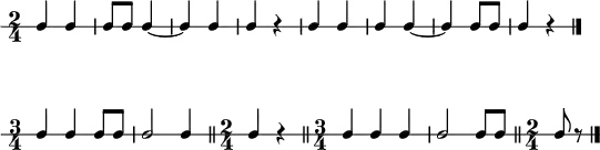 \header {
tagline = ##f
}
\score {
\new RhythmicStaff {
\override Score.SpacingSpanner #'base-shortest-duration =
#(ly:make-moment 1 8)
\numericTimeSignature
\override Voice.TextScript #'padding = #1.8
\time 2/4
c c | c8 c c4~ | c c | c r | c c | c c~ | c c8 c | c4 r
\bar "|."
}
\layout {
indent = #0
}
\midi {}
}
\score {
\new RhythmicStaff {
\override Score.SpacingSpanner #'common-shortest-duration =
#(ly:make-moment 1 8)
\numericTimeSignature
\override Voice.TextScript #'padding = #1.8
\time 3/4
c c c8 c | c2 c4 \bar "||"
\time 2/4 c r \bar "||"
\time 3/4 c c c | c2 c8 c \bar "||"
\time 2/4 c r
\bar "|."
}
\layout {
indent = #0
}
\midi {}
}