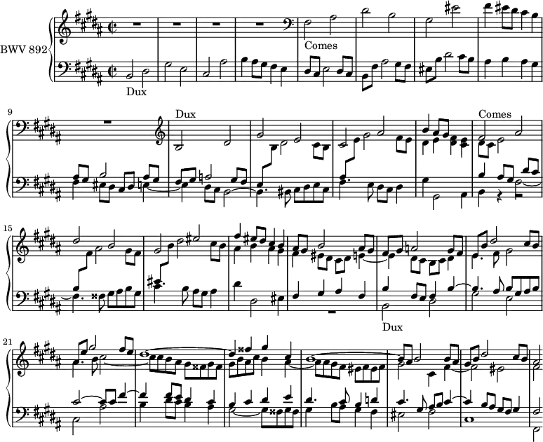 
\version "2.18.2"
\header {
  tagline = ##f
}

Dux         = { s8*0-\markup{Dux} b2 dis gis e cis ais' b4 }
Comes       = { s8*0-\markup{Comes} fis2 ais dis b gis eis' }
ContreSujet = { dis8 cis e2 dis8 cis b fis' ais2 gis8 fis eis b' dis2 cis8 b ais4 }

upper = \relative c' {
  \clef treble 
  \key b \major
  \time 2/2
  \tempo 2 = 63
  \set Staff.midiInstrument = #"harpsichord" 

   %% FUGUE CBT II-23, BWV 892, si majeur
   
   R1*4 \clef bass \relative c { \Comes } 
   << { s1 R1 \clef treble \Dux ais8 gis s2 | \Comes fis4 eis8 dis cis4 b ais8 gis b2 ais8 gis fis gis a2 gis8 fis | \mergeDifferentlyDottedOn e b' dis2 cis8 b | ais e' gis2 fis8 e | dis1~ dis4 fisis gis cis, b1~ b8 ais b2 b8 ais | gis b dis2 cis8 b | ais2 } \\ { \clef bass \crossStaff \relative c' { fis4 eis8 dis cis4 b } \stemUp \change Staff = "lower" ais,8 gis b2 ais8 gis fis gis a2 gis8 fis e \stemDown \change Staff = "upper" b' dis2 cis8 b \stemUp \change Staff = "lower" ais8 \stemDown \change Staff = "upper" e'8 gis2 fis8 e | dis4 e < fis dis >4 < e cis > dis8 cis e2 \stemUp \change Staff = "lower" dis8 cis | b \stemDown \change Staff = "upper" fis' ais2 gis8 fis \stemUp \change Staff = "lower" eis  \stemDown \change Staff = "upper" b' dis2 cis8 b | ais4 b ais gis | fis eis8 dis cis dis e4~ e dis8 cis b cis dis4 | e4. fis8 gis2 | ais4. b8 cis2~ | cis8 cis b ais gis fisis gis fisis gis b ais cis b4 ais~ ais8 | ais gis fis eis fis eis fis | gis2 cis,4 fis~ | fis2 eis | fis } >>
}

lower = \relative c {
  \clef bass 
  \key b \major
  \time 2/2
  \set Staff.midiInstrument = #"harpsichord" 
    
   \Dux ais8 gis fis4 e \ContreSujet  b4 ais gis | fis eis8 dis cis dis e4_~ | e \stemDown dis8 cis b2~ | b4. bis8  cis dis e cis | fis4. e8 dis cis dis4
   %% ms. 13
   gis4 gis,2 ais4 | 
   << { b'4 ais8 gis } \\ { s2 fis2~ fis4. fisis8 gis ais b gis } \\ { \stemDown b,4 g4\rest g2\rest } >>
   cis'4. b8 ais gis ais4 | dis4 dis,2 eis4

   %% ms. 18
   << { fis4 gis ais fis | b fis8 e fis4 b~ b4. ais8 b gis ais b | cis2~ cis8 cis fis4~ fis fis8 e dis4 cis b cis dis e | dis4. cis8 b4 d | cis4. gis8 ais b cis4~ cis b8 ais gis fis gis4 | fis2 } \\ { R1 \relative c { \Dux } dis'8 cis b4 ais | gis2~ gis8 fisis gis fisis | gis4 b8 ais gis4 fis eis2 fis cis1 | fis,2 } >>
    
} 

\score {
  \new PianoStaff <<
    \set PianoStaff.instrumentName = #"BWV 892"
    \new Staff = "upper" \upper
    \new Staff = "lower" \lower
  >>
  \layout {
    \context {
     \Score
     \remove "Metronome_mark_engraver"
     \override SpacingSpanner.common-shortest-duration = #(ly:make-moment 1/2)
    }
  }
  \midi { }
}
