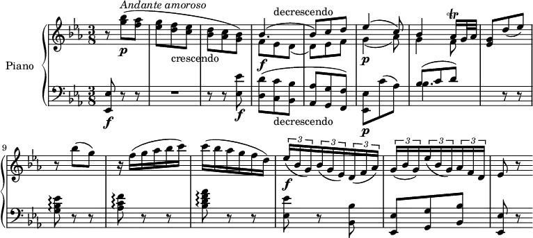 
\version "2.18.2"
\header {
  tagline = ##f
}
upper = \relative c' {
  \clef treble 
  \key ees \major
  \time 3/8
  \tempo "Andante amoroso"
  \tempo 4 = 50

   r8 <g'' bes>8 \p ^\markup{ \italic { Andante amoroso} } (<f aes> <ees g> <d f> _\markup { crescendo} <c ees> <bes d> <aes c> <g bes>)
   <<{\stemDown f8 \f ees ^ \markup {decrescendo} d _ (d) ees f g4  \p  _(aes8) g4 f8 } \\ 
   { \stemUp bes4. ^(bes8) c d ees4 ^(c8) bes4 aes16  ^\trill g32 aes}>>
   <ees g>8 d'(ees)
   r bes' (g)
   r16 f (g aes bes c)
   c (bes aes g f d)
   \tuplet 3/2 {ees16 \f (bes g)}  \tuplet 3/2 {bes (g ees)}  \tuplet 3/2 {d (f aes)}
   \tuplet 3/2 {g (bes g)}  \tuplet 3/2 {ees'16 (bes g)}  \tuplet 3/2 {aes f d}
   ees8 r
}

lower = \relative c {
  \clef bass
  \key ees \major
  \time 3/8
  <ees, ees'>8\f r r R1*3/8 r8 r <ees' ees'>  \f
  <d d'> (<c c'> _\markup {decrescendo} <bes bes'> <aes aes'> <g g'> <f f'>)
  <ees ees'>  \p c'' (aes)
   <<{\stemDown bes4. } \\ {  \stemUp bes8 ^ (c d)}>>
  s8 r r
  <g, bes ees>8 \arpeggio r r
  <aes c f>8 \arpeggio r r
  <bes d f aes>8 \arpeggio r r
  <ees, ees'> r <bes bes'>
  <ees, ees'> <g g'> <bes  bes'>
  <ees, ees'> r
} 

\score {
  \new PianoStaff <<
    \set PianoStaff.instrumentName = #"Piano"
    \new Staff = "upper" \upper
    \new Staff = "lower" \lower
  >>
  \layout {
    \context {
      \Score
      \remove "Metronome_mark_engraver"
    }
  }
  \midi { }
}
