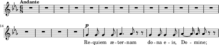 \new Staff
{
\relative c'' {
\clef treble
\autoBeamOff
\dynamicUp
\key c \minor
\time 6/8
\tempo Andante
R2.*17 | g4 \p g8 g4 g8 |
aes4. aes8 r r |
g4 g8 g4 g8 |
aes4~ aes16 aes aes8 r r |
}
}
\addlyrics {
\lyricmode {
Re -- qui -- em æ -- ter -- nam do -- na e -- is, Do -- mi -- ne;
}
}