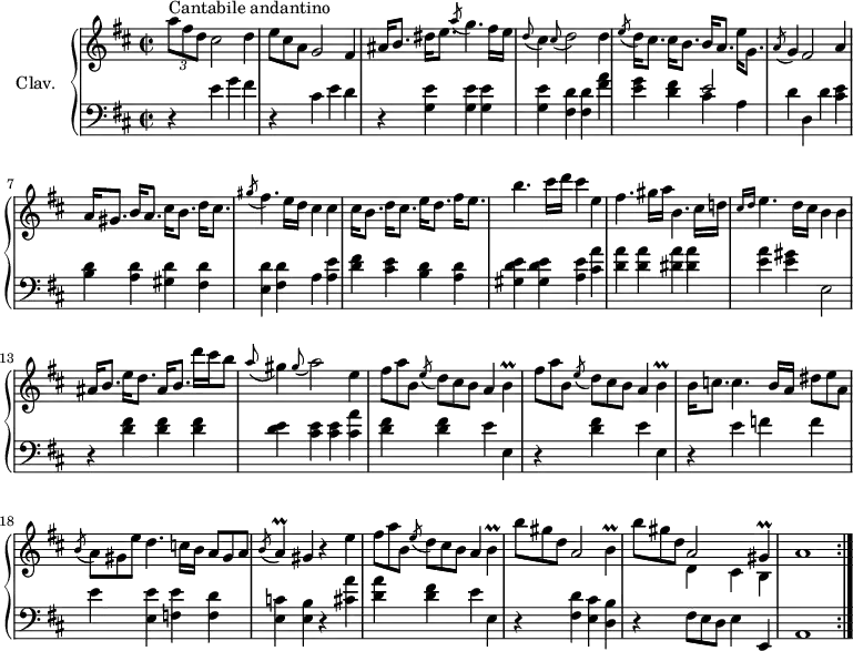 
\version "2.18.2"
\header {
  tagline = ##f
  % composer = "Domenico Scarlatti"
  % opus = "K. 277"
  % meter = "Cantabile andantino"
}

%% les petites notes
trillB       = { \tag #'print { b4\prall } \tag #'midi { cis32 b cis b~ b8 } }
trillA       = { \tag #'print { a4\prall } \tag #'midi { b32 a b a~ a8 } }
trillGis     = { \tag #'print { gis4\prall } \tag #'midi { a32 gis a gis~ gis8 } }

upper = \relative c'' {
  \clef treble 
  \key d \major
  \time 2/2
  \tempo 2 = 56

  \repeat volta 2 {
      s8*0^\markup{Cantabile andantino}
      \times 2/3 { a'8 fis d } cis2 d4 | \omit TupletNumber  \times 2/3 { e8 cis a } g2 fis4 | ais16 b8. dis16[ e8.] \acciaccatura a8 g4. fis16 e |
      % ms. 4
      \appoggiatura d8 cis4 \appoggiatura cis8 d2 d4 | \acciaccatura e8 d16 cis8. cis16[ b8.] b16 a8. e'16[ g,8.] | \acciaccatura a8 g4 fis2 | a4 a16 gis8. b16[ a8.] cis16[ b8.] d16 cis8. |
      % ms. 8
      \acciaccatura gis'8 fis4. e16 d cis4 cis | cis16 b8. d16[ cis8.] e16 d8. fis16[ e8.] | b'4. cis16 d cis4 e, |
      % ms. 11
      fis4. gis16 a b,4. cis16 d! | \grace {   \tempo 2 = 26 cis16 d }   \tempo 2 = 56 e4. d16 cis b4 b | ais16[ b8.] e16 d8. ais16 b8. d'16[ cis b8] |
      % ms. 14
      \appoggiatura a8 gis4 \appoggiatura gis8 a2 e4 | \repeat unfold 2 { \times 2/3 { fis8[ a b,] \acciaccatura e8 d8 cis b } a4 \trillB } | 
      % ms. 17
      b16 c8. c4. b16 a \times 2/3 { dis8[ e a,] } | \times 2/3 { \acciaccatura b8 a gis e' } d4. c16 b \times 2/3 { a8[ gis a] } |
      \acciaccatura b8 \trillA gis4 r4 e'4 |
      % ms. 20
      \times 2/3 { fis8[ a b,] } \times 2/3 {  \acciaccatura e8 d8 cis b } a4 \trillB \times 2/3 { b'8 gis d } a2 \trillB  |
      \times 2/3 { b'8 gis d } << { a2 \trillGis } \\ { d4 cis b } >> a'1 }%repet

}

lower = \relative c' {
  \clef bass
  \key d \major
  \time 2/2

  \repeat volta 2 {
    % ************************************** \appoggiatura a16  \repeat unfold 2 {  } \times 2/3 { }   \omit TupletNumber 
      r4 e4 g fis | r4 cis4 e d | r4 < g, e' >4 q q |
      % ms. 4
      q < fis d' > q < fis' a > | < e g > < d fis > << { e2 } \\ { cis4 a } >> | d4 d, d' < cis e > | < b d > < a d > < gis d' > < fis d' >
      % ms. 8
      < e d' >4 < fis d' > a < a e' > | < d fis > < cis e > < b d > < a d > | < gis d' e > q < a e' > < cis a' > |
      % ms. 11
      < d a' >4 q < dis a' > q | < e a > < e gis > e,2 | r4 < d' fis >4 q q |
      % ms. 14
      < d e >4 < cis e > q < cis a' > | < d fis > q e e, | r4 < d' fis >4 e e, |
      % ms. 17
      r4 e'4 f f | e < e, e' > < f e' > < f d' > | < e c' > < e b' > r4 < cis' a' >4 |
      % ms. 20
      < d a' >4 < d fis > e e, | r4 < fis d' > < e cis' > < d b' > | r4 \omit TupletNumber  \times 2/3 { fis8 e d } e4 e, | a1 }%repet

}

thePianoStaff = \new PianoStaff <<
    \set PianoStaff.instrumentName = #"Clav."
    \new Staff = "upper" \upper
    \new Staff = "lower" \lower
  >>

\score {
  \keepWithTag #'print \thePianoStaff
  \layout {
      #(layout-set-staff-size 17)
    \context {
      \Score
     \override TupletBracket.bracket-visibility = ##f
     \override SpacingSpanner.common-shortest-duration = #(ly:make-moment 1/2)
      \remove "Metronome_mark_engraver"
    }
  }
}

\score {
  \keepWithTag #'midi \thePianoStaff
  \midi { \set Staff.midiInstrument = #"harpsichord" }
}
