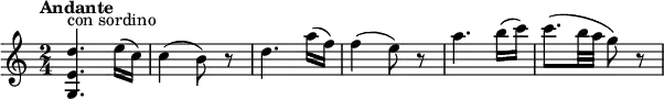 \relative c' {
\version "2.18.2"
\tempo "Andante"
\key c \major
\time 2/4
\tempo 4 = 70
<g e' d'>4.^\markup {con sordino} e''16 (c) c4 (b8) r8 d4. a'16 (f) f4 (e8) r8 a4. b16 (c) c8. (b32 a g8) r8
}