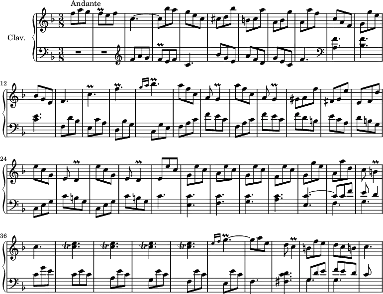 \version "2.18.2"
\header {
tagline = ##f
% composer = "Domenico Scarlatti"
% opus = "K. 151"
% meter = "Andante — allegro"
}
%% les petites notes
trillFq = { \tag #'print { f8\prall } \tag #'midi { g32 f g f } }
trillCpUp = { \tag #'print { c'4.\prall } \tag #'midi { d32 c d c~ c4 } }
trillC = { \tag #'print { c4\prall } \tag #'midi { d32 c d c~ c8 } }
trillFp = { \tag #'print { f4.\prall } \tag #'midi { g32 f g f~ f4 } }
trillBesp = { \tag #'print { \grace { g16 a } bes4.\prall } \tag #'midi { \grace { \tempo 4. = 36 g16 a } \tempo 4. = 62 c32 bes c bes~ bes4 } }
trillG = { \tag #'print { g4\prall } \tag #'midi { a32 g a g~ g8 } }
trillD = { \tag #'print { d4\prall } \tag #'midi { e32 d e d~ d8 } }
trillB = { \tag #'print { b4\prall } \tag #'midi { c32 b c b~ b8 } }
trillCAccord = { \tag #'print { < c-\tweak X-offset #-3 -\tweak extra-offset #'(1.5 . -2.5) \trill e >4. } \tag #'midi { << { } \\ { d32 c d c~ c4 } >> } }
trillGpGrace = { \tag #'print { \grace { e16 f } g4.\prall~ } \tag #'midi { \grace { \tempo 4. = 36 e16 f } \tempo 4. = 62 a32 g a g~ g4~ } }
upper = \relative c'' {
\clef treble
\key f \major
\time 3/8
\tempo 4. = 62
\set Staff.midiInstrument = #"harpsichord"
\override TupletBracket.bracket-visibility = ##f
s8*0^\markup{Andante}
f8 a g | \trillFq e8 f | c4.~ | c8 bes' a | g e c | cis d bes' |
% ms. 7
b,8 c a' | a, bes g' | a, a' f | c a f | g g' e | bes g e | f4.
% ms. 14
\trillCpUp | \trillFp | \trillBesp | \repeat unfold 2 { a8 f c | a8 \trillG }
% ms. 21
gis8 a f' | fis, g e' | e, f d' | \repeat unfold 2 { e c g | e \trillD } |
% ms. 28
e8 e' c | g e' c | a e' c | g e' c | f, e' c | g g' e | a, a' d, |
% ms. 35
c8 \trillB | c4. | \repeat unfold 4 { \trillCAccord } | \trillGpGrace |
% ms. 42
g8 a e | d \trillC | b8 f' e | d c b | c4.
}
lower = \relative c' {
\clef bass
\key f \major
\time 3/8
\set Staff.midiInstrument = #"harpsichord"
\override TupletBracket.bracket-visibility = ##f
% ************************************** \appoggiatura a8 \repeat unfold 2 { } \times 2/3 { } \omit TupletNumber
R4.*2 \clef treble | f8 a g | \trillFq e8 f | c4.~ | bes'8 g e |
% ms. 7
a8 f d | g e c | f4. | \clef bass < a, f' >4. < bes f' > < c e > | f,8 d' bes |
% ms. 14
e,8 c' a | d, bes' g | c, g' e | \repeat unfold 2 { f a c | f e c } |
% ms. 21
f8 d b | e c a | d b g | \repeat unfold 2 { c, e g | c b g } |
% ms. 28
c4. < e, c' > < f c' > < g c > < a c > << { < e c' >4.~ | c'8 c f | e d4 } \\ { s4. | f,4. g } >>
% ms. 35
c8 g' e | c e c | a e' c | g e' c | f, e' c | e, e' c |
% ms. 42
f,4. < fis c' d >4. | << { g8 d' e | f e d | c } \\ { \mergeDifferentlyDottedOn g4. g } >>
}
thePianoStaff = \new PianoStaff <<
\set PianoStaff.instrumentName = #"Clav."
\new Staff = "upper" \upper
\new Staff = "lower" \lower
>>
\score {
\keepWithTag #'print \thePianoStaff
\layout {
#(layout-set-staff-size 17)
\context {
\Score
\override SpacingSpanner.common-shortest-duration = #(ly:make-moment 1/2)
\remove "Metronome_mark_engraver"
}
}
}
\score {
\keepWithTag #'midi \thePianoStaff
\midi { }
}