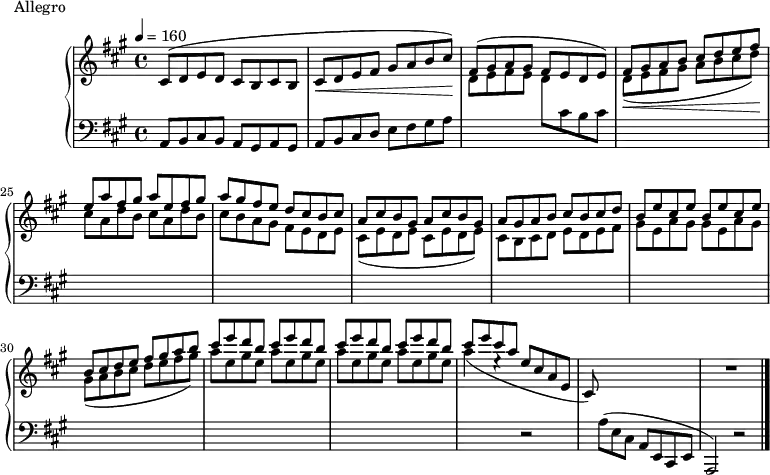 
\version "2.18.2"
\header {
  tagline = ##f
}
upper = \relative c' {
  \clef treble 
  \key a \major
  \time 4/4
  \tempo 4 = 160
  \set Score.currentBarNumber = #21
  \override TupletBracket.bracket-visibility = ##f

   %%Montgeroult — Étude 1 (pdf p. 16)

   cis8^( d e d cis b cis b | cis\< d e fis gis a b cis\!)
   << { fis,8( gis a gis fis e d e) } \\ { d8 e fis e } >>
   << { fis8 gis a b cis d e fis | e8 a fis gis a e fis gis } \\ { d,(\< e fis gis a b cis d)\! \repeat unfold 2 { cis8 a d b } } >>
   % ms 26
   << { a'8 gis fis e d cis b cis | \repeat unfold 2 { a8 cis b gis } | a8 gis a b cis b cis d | \repeat unfold 2 { b8 e cis e } } \\ { cis8 b a gis fis e d e | \repeat unfold 2 { cis e d e } } { s1) s2( s4 s8 s8) | cis8 b cis d e d e fis | \repeat unfold 2 { gis e a gis } } \\ { s1_( s1 s1) s2^( s4 s8 s8) } >>
   << { b cis d e fis gis a b | \repeat unfold 4 { cis e d b } cis e cis a e cis a e } \\ { gis( a b cis d e fis gis) | \repeat unfold 4 { a e gis e } a4( e4\rest s2 \stemUp cis,8) } >>
   s4. s2 R1
   

}

lower = \relative c {
  \clef bass
  \key a \major
  \time 4/4

   a8 b cis b a gis a gis | a b cis d e fis gis a | s2 \change Staff = "upper" d8 \change Staff = "lower" cis b cis 
   s2*19 r2 s8 a8( e cis a e cis e a,2) r2 \bar "|."
}

  \header {
    piece = "Allegro"
  }

\score {
  \new PianoStaff <<
    \new Staff = "upper" \upper
    \new Staff = "lower" \lower
  >>
  \layout {
    \context {
      \Score
      
    }
  }
  \midi { }
}
