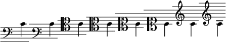 
\version "2.18.0"

\paper {
  indent = #0
  paper-width = #132
}

\header {
  tagline = ##f
}

\score {
  \new Staff \relative c' {
    % Clef de Fa

    \set Staff.clefGlyph = #"clefs.F"
    \set Staff.clefPosition = #2
    \set Staff.middleCPosition = #6
    %\set Staff.middleCClefPosition = #6
    c4


    % Clef de Fa 3

    \stopStaff
    \override Staff.StaffSymbol.line-positions = #'(-2 0 2 4 6)
    \startStaff
    \once \override Voice.NoteHead.stencil = ##f
    \once \override Voice.Stem.stencil = ##f
    c

    \once \override Staff.Clef.full-size-change = ##t
    \set Staff.forceClef = ##t
    \set Staff.clefGlyph = #"clefs.F"
    \set Staff.clefPosition = #2
    \set Staff.middleCPosition = #6
    %\set Staff.middleCClefPosition = #6
    c


    % Clef d'Ut 4

    \stopStaff
    \override Staff.StaffSymbol.line-positions = #'(0 2 4 6 8)
    \startStaff
    \once \override Voice.NoteHead.stencil = ##f
    \once \override Voice.Stem.stencil = ##f
    c

    \once \override Staff.Clef.full-size-change = ##t
    \set Staff.forceClef = ##t
    \set Staff.clefGlyph = #"clefs.C"
    \set Staff.clefPosition = #6
    \set Staff.middleCPosition = #6
    %\set Staff.middleCClefPosition = #6
    c


    % Clef d'Ut 3

    \stopStaff
    \override Staff.StaffSymbol.line-positions = #'(2 4 6 8 10)
    \startStaff
    \once \override Voice.NoteHead.stencil = ##f
    \once \override Voice.Stem.stencil = ##f
    c

    \once \override Staff.Clef.full-size-change = ##t
    \set Staff.forceClef = ##t
    \set Staff.clefGlyph = #"clefs.C"
    \set Staff.clefPosition = #6
    \set Staff.middleCPosition = #6
    %\set Staff.middleCClefPosition = #6
    c


    % Clef d'Ut 2

    \stopStaff
    \override Staff.StaffSymbol.line-positions = #'(4 6 8 10 12)
    \startStaff
    \once \override Voice.NoteHead.stencil = ##f
    \once \override Voice.Stem.stencil = ##f
    c

    \once \override Staff.Clef.full-size-change = ##t
    \set Staff.forceClef = ##t
    \set Staff.clefGlyph = #"clefs.C"
    \set Staff.clefPosition = #6
    \set Staff.middleCPosition = #6
    %\set Staff.middleCClefPosition = #6
    c


    % Clef d'Ut 1

    \stopStaff
    \override Staff.StaffSymbol.line-positions = #'(6 8 10 12 14)
    \startStaff
    \once \override Voice.NoteHead.stencil = ##f
    \once \override Voice.Stem.stencil = ##f
    c

    \once \override Staff.Clef.full-size-change = ##t
    \set Staff.forceClef = ##t
    \set Staff.clefGlyph = #"clefs.C"
    \set Staff.clefPosition = #6
    \set Staff.middleCPosition = #6
    %\set Staff.middleCClefPosition = #6
    c


    % Clef de Sol

    \stopStaff
    \override Staff.StaffSymbol.line-positions = #'(8 10 12 14 16)
    \startStaff
    \once \override Voice.NoteHead.stencil = ##f
    \once \override Voice.Stem.stencil = ##f
    c

    \once \override Staff.Clef.full-size-change = ##t
    \set Staff.forceClef = ##t
    \set Staff.clefGlyph = #"clefs.G"
    \set Staff.clefPosition = #10
    \set Staff.middleCPosition = #6
    %\set Staff.middleCClefPosition = #6
    s
    c


    % Clef de Sol 1

    \stopStaff
    \override Staff.StaffSymbol.line-positions = #'(10 12 14 16 18)
    \startStaff
    \once \override Voice.NoteHead.stencil = ##f
    \once \override Voice.Stem.stencil = ##f
    c

    \once \override Staff.Clef.full-size-change = ##t
    \set Staff.forceClef = ##t
    \set Staff.clefGlyph = #"clefs.G"
    \set Staff.clefPosition = #10
    \set Staff.middleCPosition = #6
    %\set Staff.middleCClefPosition = #6
    s
    c
  }

  \layout {
    \context {
      \Score
      % Espacement minimum entre les notes
      \override SpacingSpanner.base-shortest-duration = #(ly:make-moment 1/4)
    }
    \context {
      \Staff
      \remove "Time_signature_engraver"
      \remove "Bar_engraver"
      % Distance uniforme entre la clef et la note
      \override Clef.X-extent = #'(0 . 4)
    }
  }
  \midi {}
}
