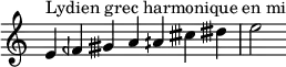  {
\override Score.TimeSignature #'stencil = ##f
\relative c' { 
  \clef treble \time 7/4
  e4^\markup { Lydien grec harmonique en mi } feh gisih a aih cisih disih e2
}}
