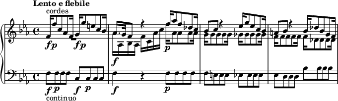  
\version "2.18.2"
\header {
  tagline = ##f
}
upper = \relative c' {
  \clef treble 
  \key ees \major
  \time 4/4
  \tempo "Lento e flebile"
  \tempo 4 = 54
  \mergeDifferentlyDottedOn

   %% Scarlatti — Salve Regina [V] incipit
   << { f16\f-\markup{cordes} f'8\p c aes f16 g\f g'8\p e c bes16 | aes16. g32 f8 r4 f'16\p aes8 f des c16 | bes8 c r4  ees16 g8 ees c bes16 | a8 bes r4  bes16 des8 bes g f16 } \\ { R1 aes16\f aes, bes aes f' c aes' c f16 aes,8 aes aes aes16 | g16 g8 g g g16  ges16 ges8 ges ges ges16  f16 f8 f f f16  f16 des8 des des des16 } >>

}

lower = \relative c { 
  \clef bass
  \key ees \major
  \time 4/4

    f8\f-\markup{continuo} f\p f f c\f c\p c c | f4\f r4 f8\p f f f | f e e e ees ees ees ees | ees d d d bes' bes bes bes
}

\score {
  \new PianoStaff 
  <<
    \new Staff = "upper" \upper
    \new Staff = "lower" \lower
  >>
  \layout {
    #(layout-set-staff-size 17)
    \context {
      \Score
       \override SpacingSpanner.common-shortest-duration = #(ly:make-moment 1/2)
    }
  }
  \midi { }
}
