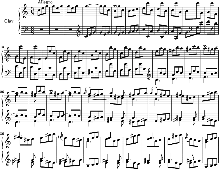 \version "2.18.2"
\header {
tagline = ##f
% composer = "Domenico Scarlatti"
% opus = "K. 157"
% meter = "Allegro"
}
%% les petites notes
trillBq = { \tag #'print { b8\prall } \tag #'midi { c32 b c b } }
trillAq = { \tag #'print { a8\prall } \tag #'midi { b32 a b a } }
upper = \relative c'' {
\clef treble
\key c \major
\time 3/8
\tempo 4. = 82
\set Staff.midiInstrument = #"harpsichord"
\override TupletBracket.bracket-visibility = ##f
s8*0^\markup{Allegro}
c8 e g | \repeat unfold 2 { g e g } | g4.~ | g8 g c, | \trillBq g'8 c, | b c d | e c' c, |
% ms. 9
d8 c' b, | c c' a, | b c' g, | a c' f,, | g c' e,, | f c'' d,, | e e' c | f, e' c |
% ms. 17
g8 e' c | a e' c | b b' g | c, b' g | d b' g | e a g | fis b a | gis c b |
% ms. 25
<< { \stemDown \trillAq gis a~ \stemUp | a8 b a | gis c b | \stemDown \trillAq gis a~ \stemUp | a8 b a | \appoggiatura a16 g8 fis g | a4 e8 | fis g a }
\\ { s4. f4. | e8 s4 | s4. | f4. | e~ | e8 dis c | b4. } >>
% ms. 33
<< { \appoggiatura a'16 g8 fis e } \\ { b4. } >>
\repeat unfold 2 { << { fis'4. } \\ { e8 cis d | e ais b } >> } | \appoggiatura fis16 e8 d cis | << { d8 e f | e4. } \\ { b4. | d8 b c } >>
% ms. 41
d8 gis a | << { e4. } \\ { d8 b c } >> | d8 gis a | \appoggiatura e16 d8 c b | << { c8 d e } \\ { a,4. } >>
% ms. 49
}
lower = \relative c' {
\clef bass
\key c \major
\time 3/8
\set Staff.midiInstrument = #"harpsichord"
\override TupletBracket.bracket-visibility = ##f
% **************************************
R4.*3 | \clef treble c8 e g | \repeat unfold 2 { g e g } | g a b | c c, a' |
% ms. 9
b8 b, g' | a a, f' | g \clef bass g, e' | f f, d' | e e, c' | d d, b' | c, c' c, | d c' d, |
% ms. 17
e8 c' e, | fis c' fis, | g g' g, | a g' a, | b g' b, | \clef treble << { c8 c' b | a d c | b e d } \\ { \mergeDifferentlyDottedOn c,4. d e } >>
% ms. 25
<< { c'8 b c~ | c d c | b e d | c b c~ | c d c | b ais b | a4 a8 | a4. }
\\ { f4. d e | f d e | fis4 e8 | dis8 e fis | } >>
% ms. 33
e8 fis g |
<< { \repeat unfold 2 { ais4 ais8 | b4. } ais8 } \\ { \repeat unfold 2 { fis4 fis8 | g fis e } |
fis8 gis ais } >> | b,8 c d |
% ms. 40
\repeat unfold 2 { << { gis4 gis8 | a4. } \\ { e4 e8 | f e d } >> } | << { gis8 } \\ { e8 f gis } >> | a,8 b c
% ms. 49
}
thePianoStaff = \new PianoStaff <<
\set PianoStaff.instrumentName = #"Clav."
\new Staff = "upper" \upper
\new Staff = "lower" \lower
>>
\score {
\keepWithTag #'print \thePianoStaff
\layout {
#(layout-set-staff-size 17)
\context {
\Score
\override SpacingSpanner.common-shortest-duration = #(ly:make-moment 1/2)
\remove "Metronome_mark_engraver"
}
}
}
\score {
\keepWithTag #'midi \thePianoStaff
\midi { }
}